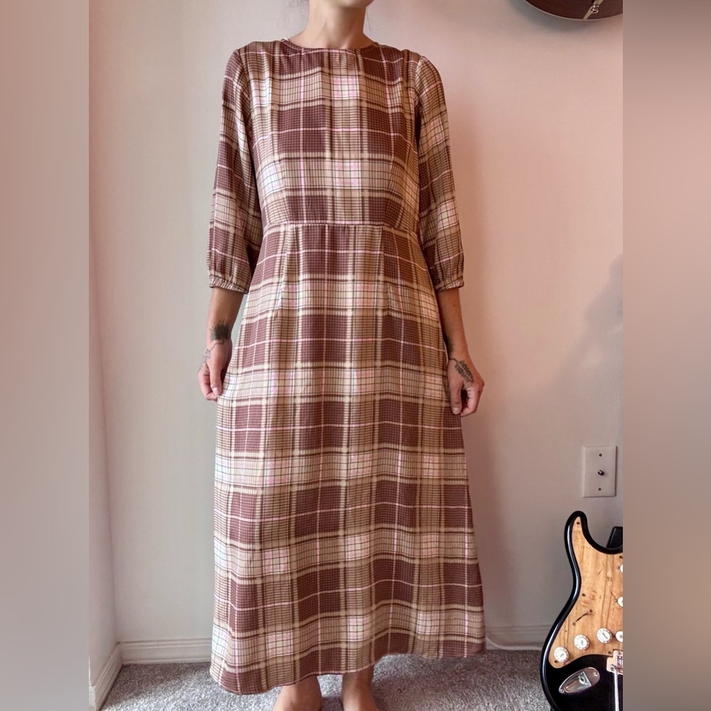 ICHI Oversized Seersucker Tartan Plaid Dress Women’s Size Small